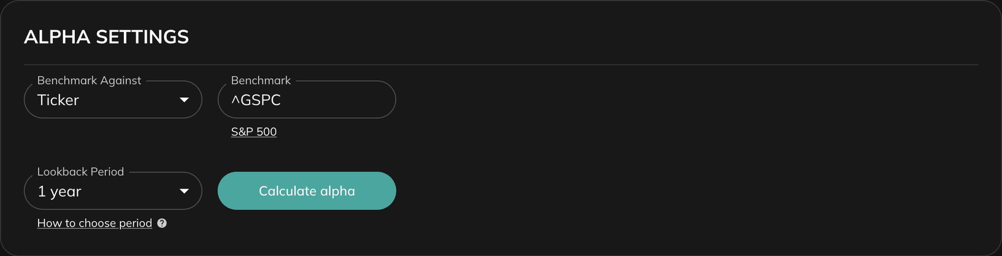 Alpha tool settings with benchmark, lookback period, and calculate button