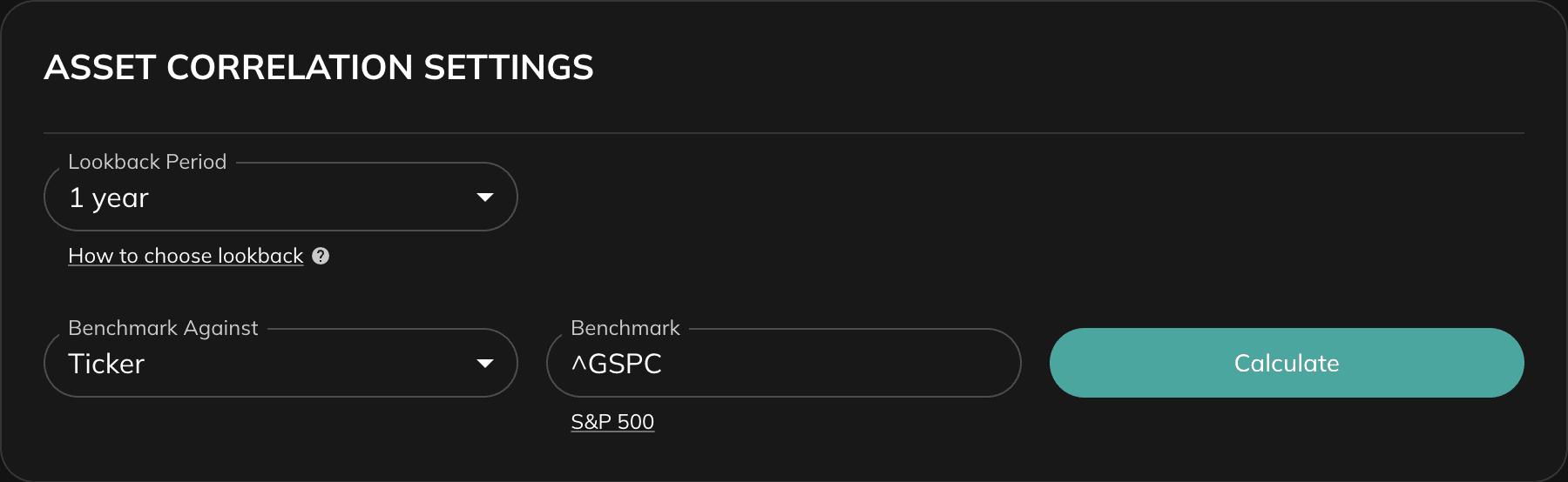 Asset Correlation Settings panel showing Lookback Period selector and Benchmark selector with a Calculate button