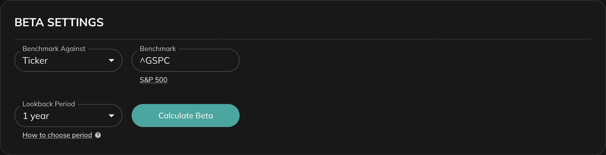Beta tool settings with benchmark, lookback period, and calculate button