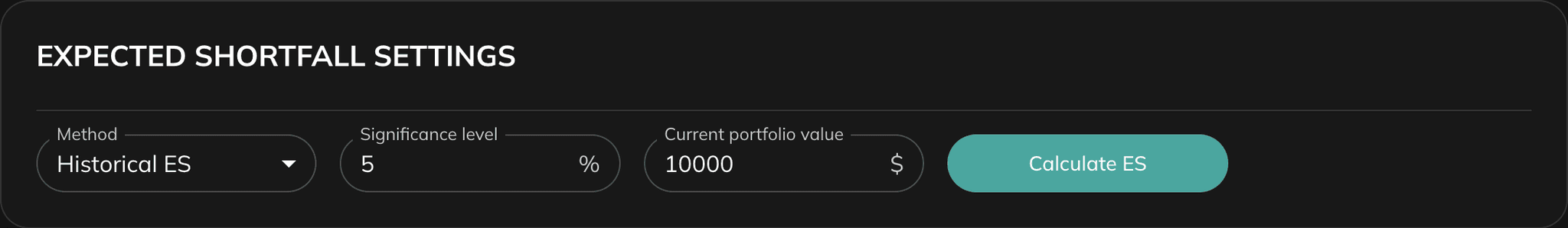 Expected Shortfall settings with method, significance level, current portfolio value, and calculate button