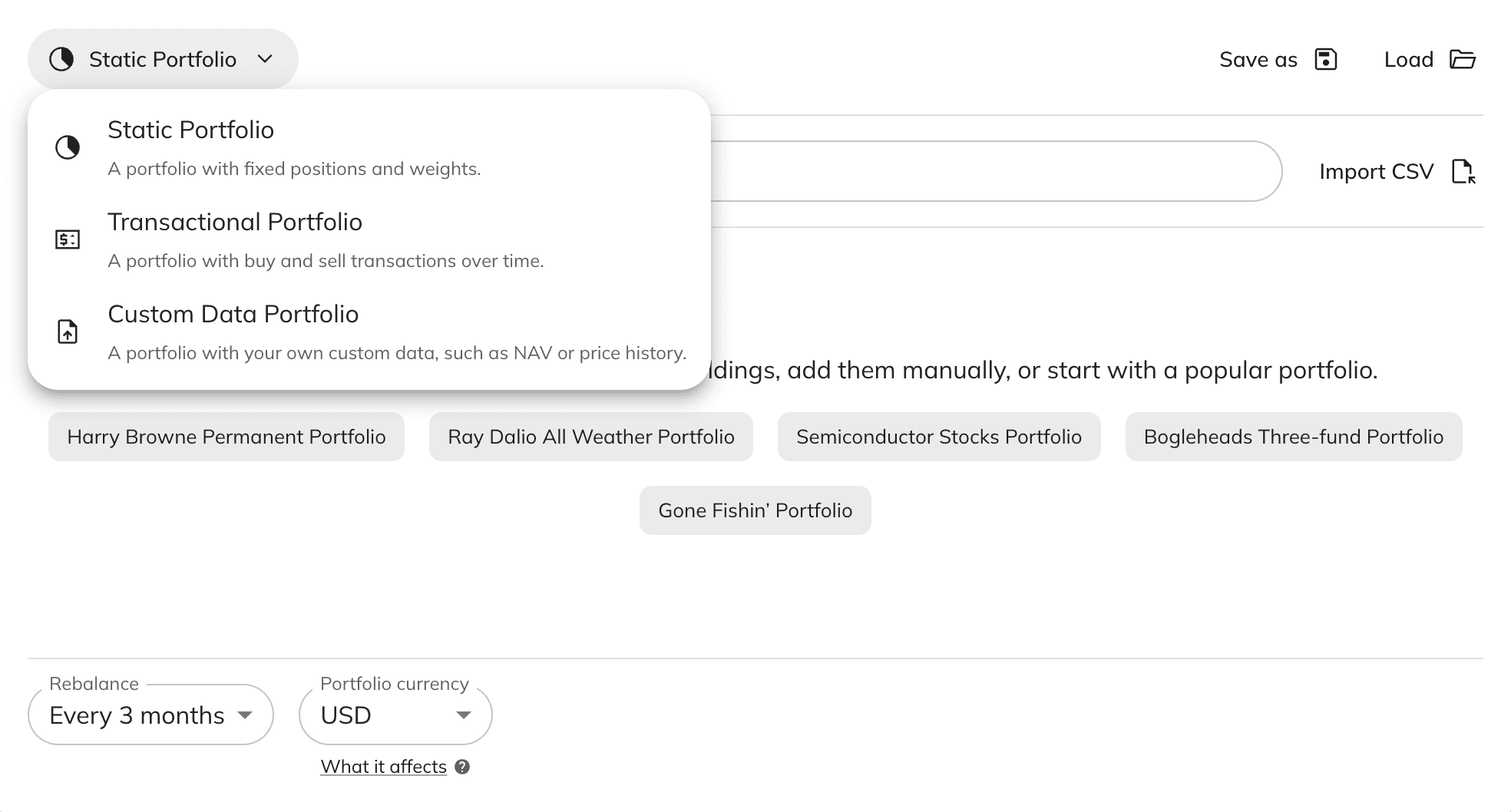 Portfolio type selector showing Static Portfolio, Transactional Portfolio, and Custom Data Portfolio options