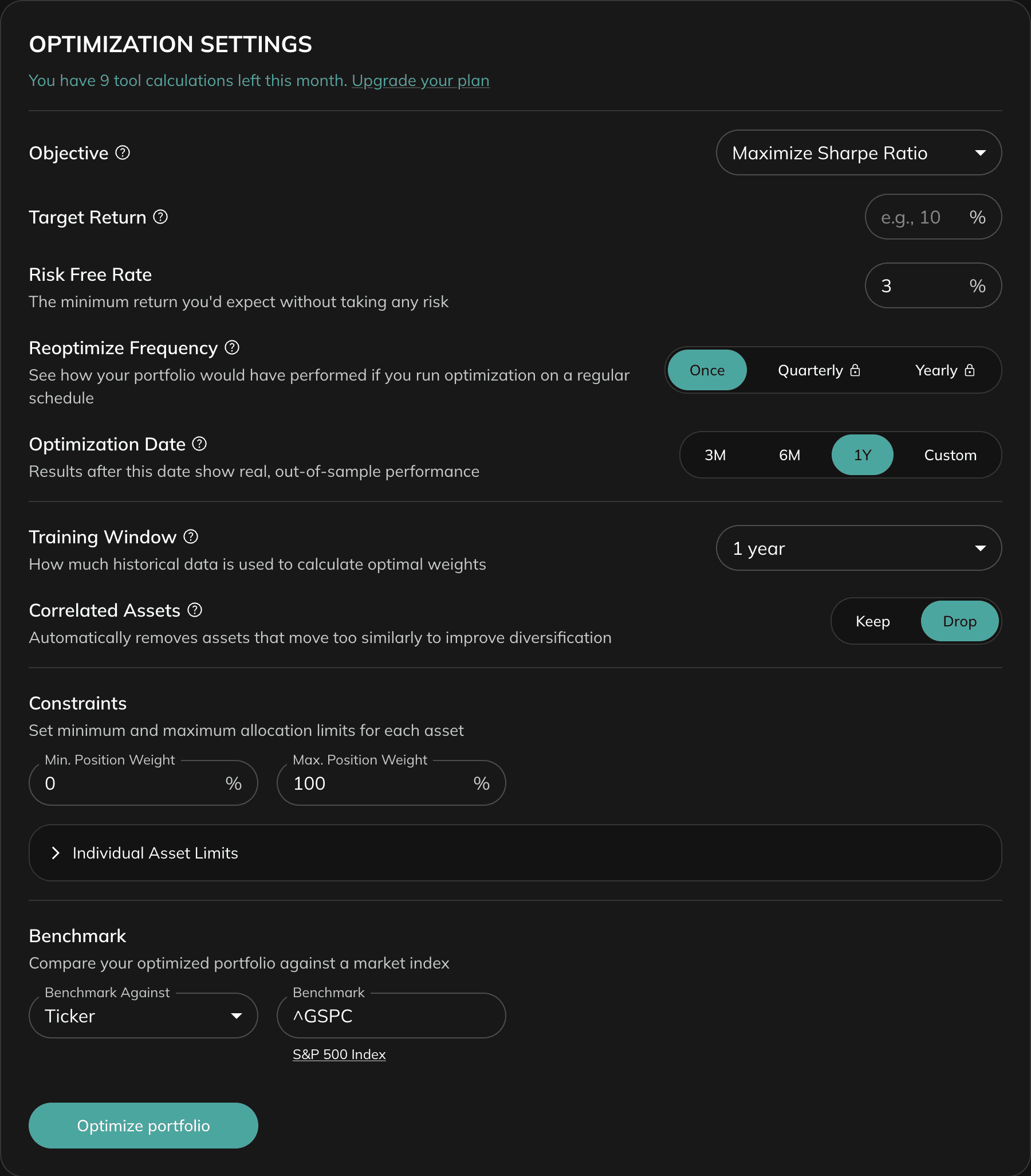 HERC Optimization Settings panel showing Risk Measure dropdown with grouped options, Risk Free Rate, Reoptimize Frequency, Optimization Date, Training Window, Correlated Assets toggle, weight constraints, and Benchmark selector