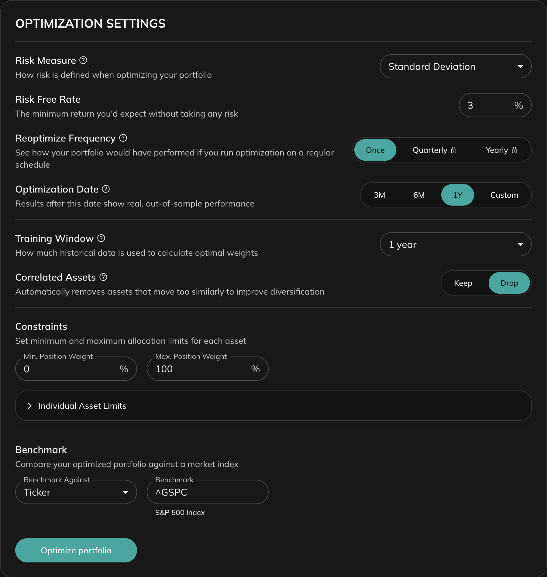 HRP Optimization Settings panel showing Risk Measure dropdown, Risk Free Rate, Reoptimize Frequency, Optimization Date, Training Window, Correlated Assets toggle, weight constraints, and Benchmark selector
