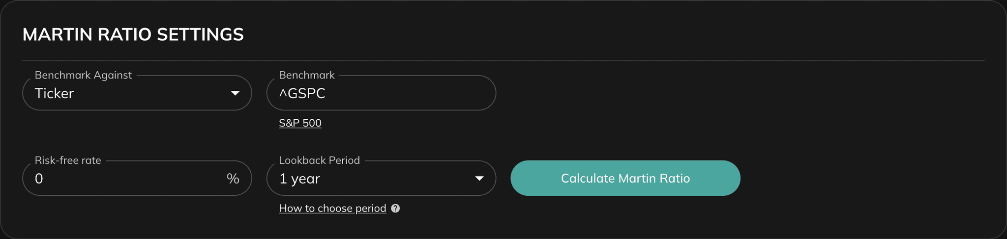 Martin Ratio settings with benchmark, risk-free rate, lookback, and calculate button