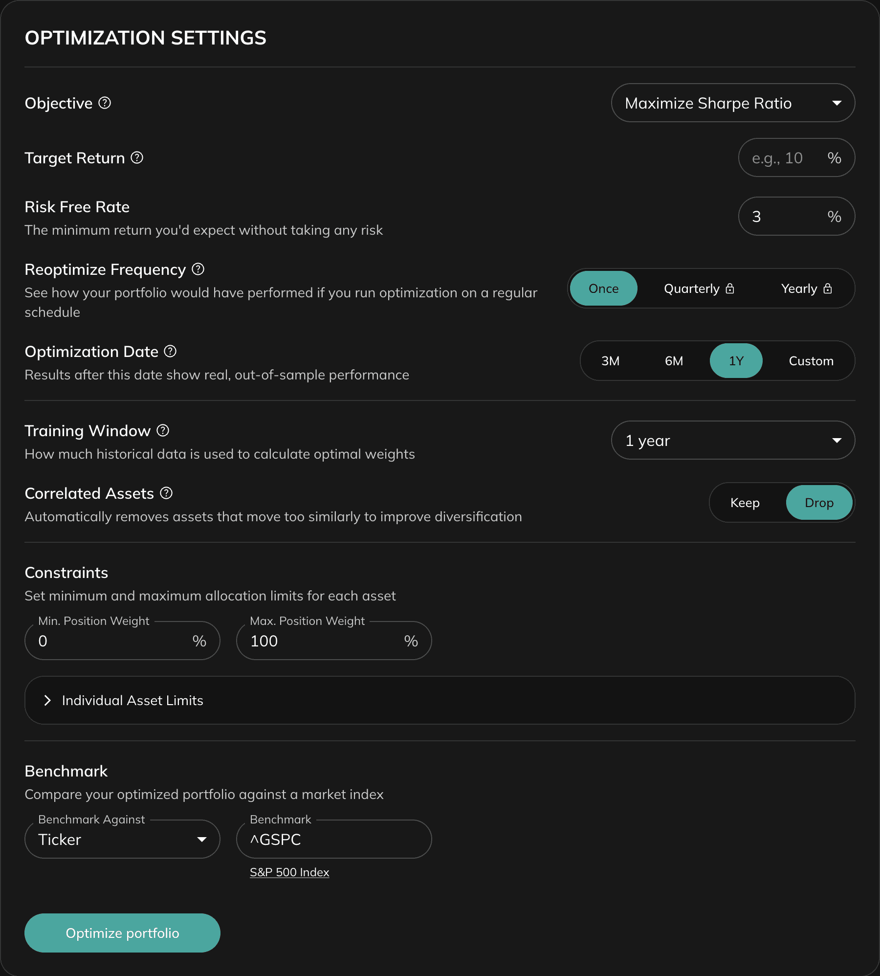 Optimization Settings panel showing Objective dropdown, Target Return field, Risk Free Rate, Reoptimize Frequency toggles, Optimization Date, Training Window, Correlated Assets toggle, weight constraint fields, and Benchmark selector