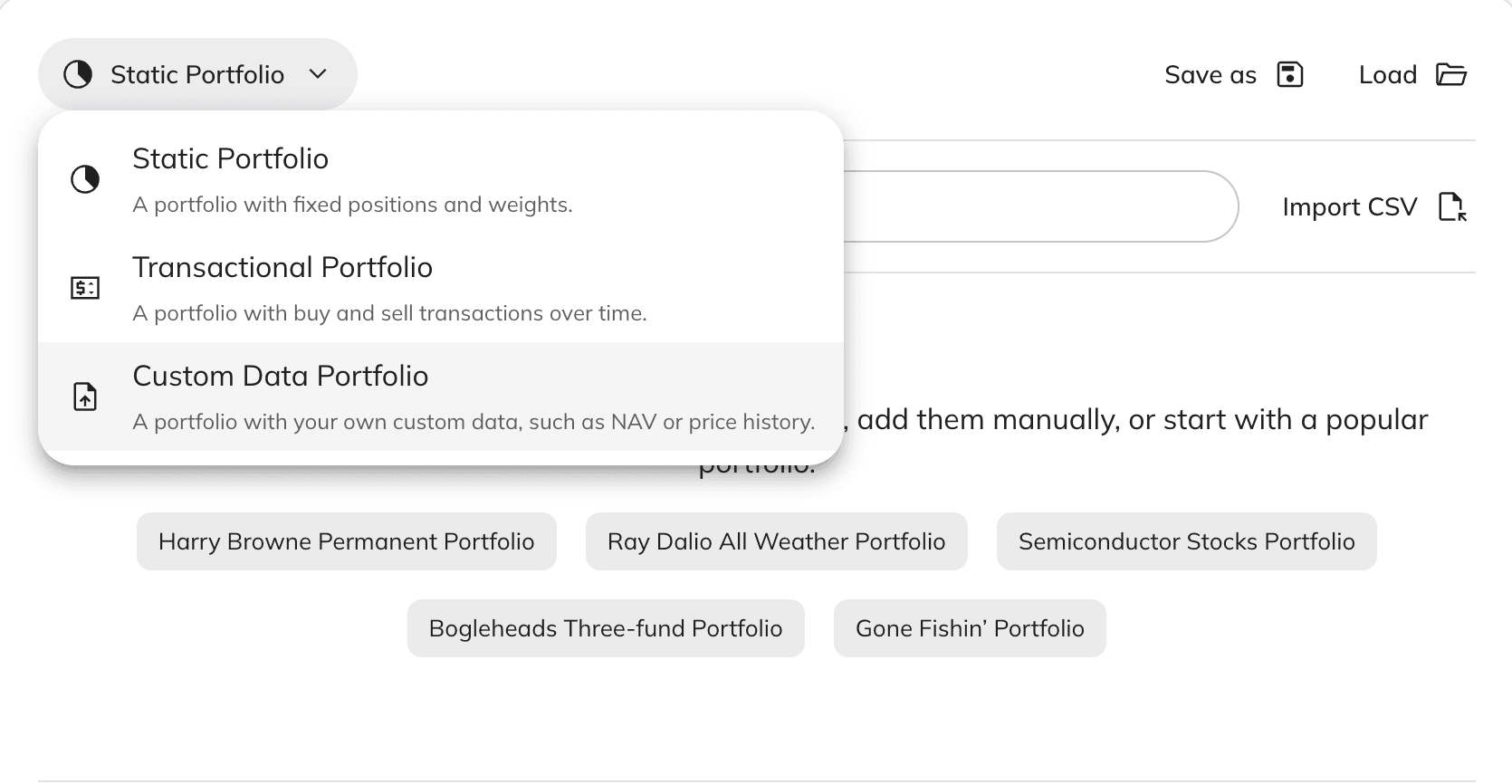 Portfolio creation screen with the NAV Import type selected among Static, Transactional, and NAV options
