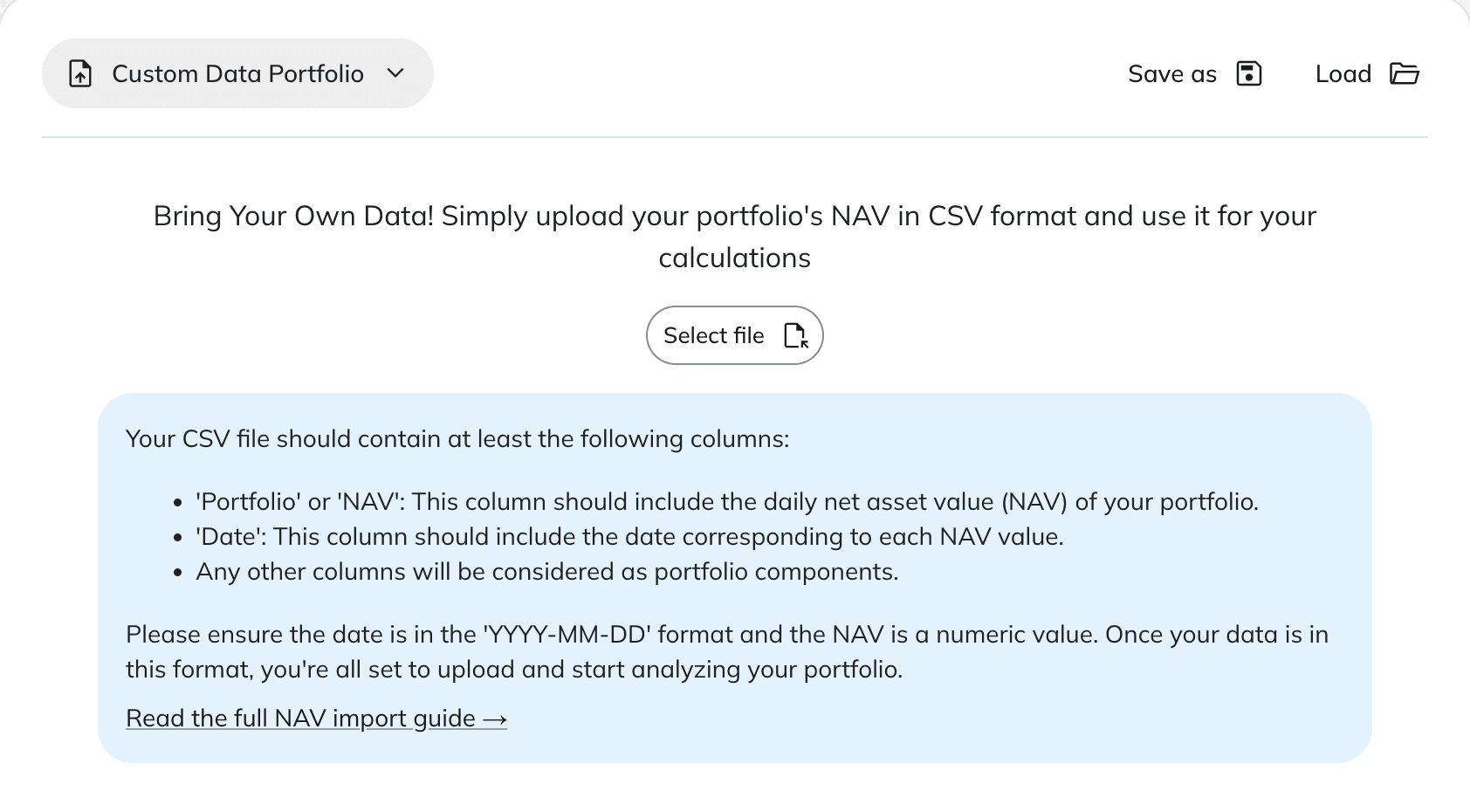 Empty NAV upload panel with the Select file button and the file-format help block