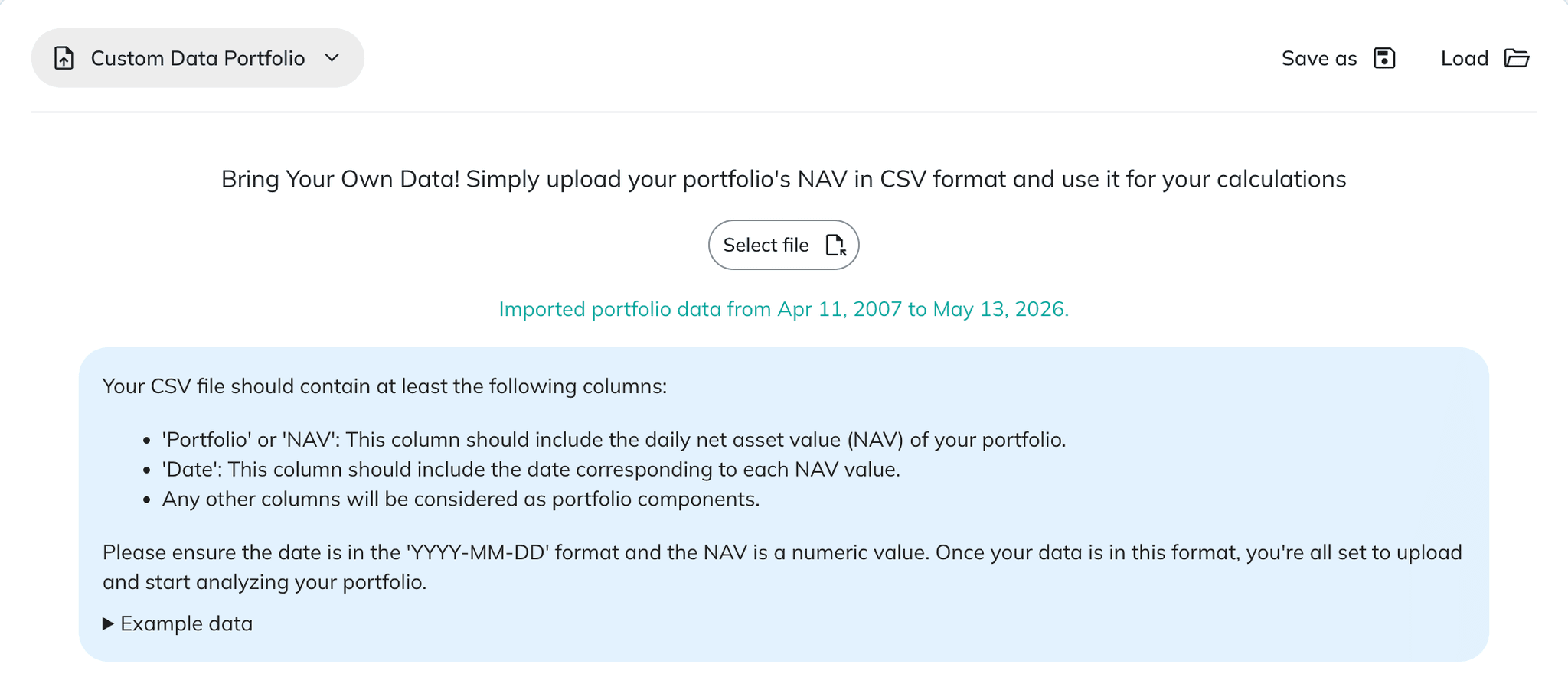 NAV upload panel after a successful import, showing the start and end dates of the imported series