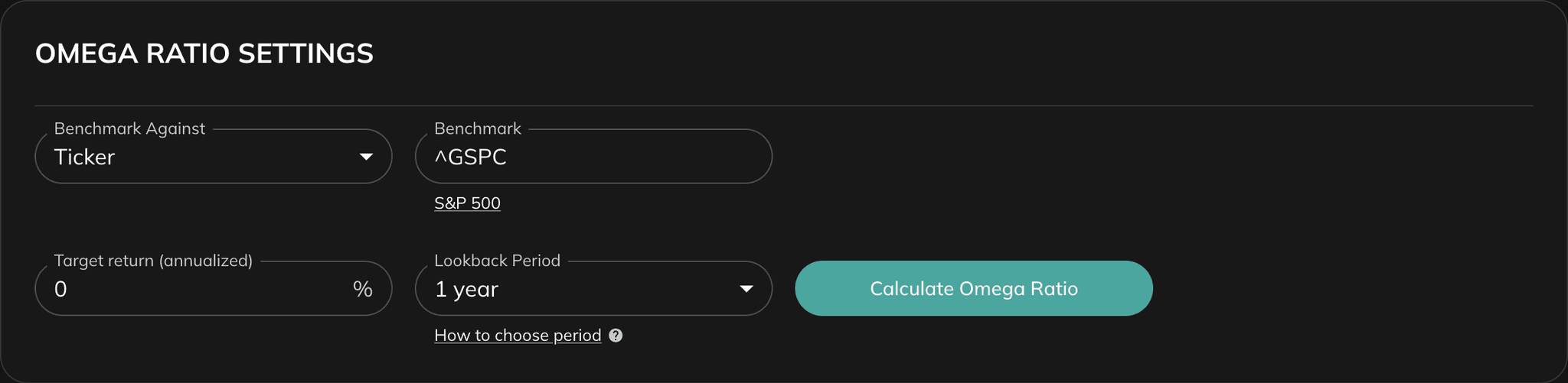 Omega Ratio settings with benchmark, target return, lookback, and calculate button