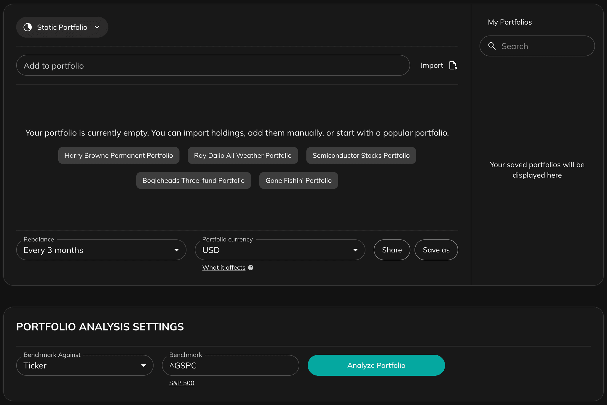 Portfolio Analysis settings panel with benchmark selection and analyze button