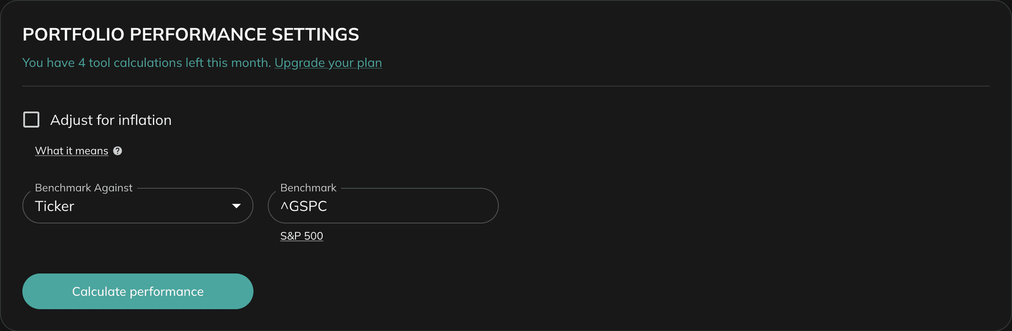 Portfolio Performance settings panel with inflation toggle and benchmark selector