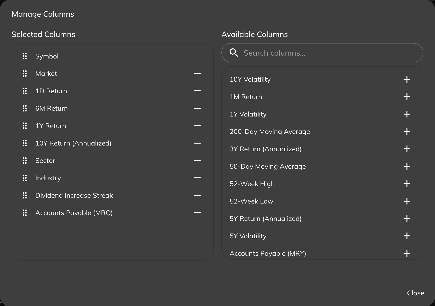 Columns panel open on the right side showing available columns with checkboxes to enable or disable each one