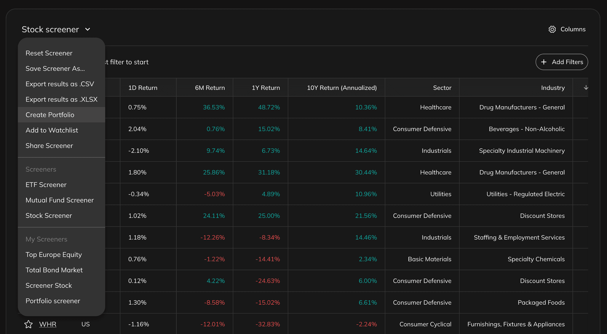 Export options in the screener menu showing CSV and XLSX download choices