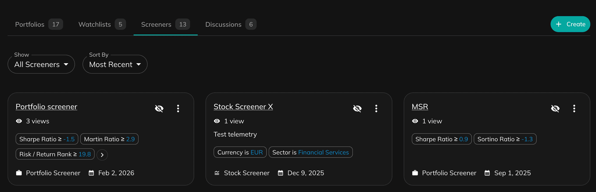 My Screeners page showing a grid of saved screener cards with name, description, and action buttons