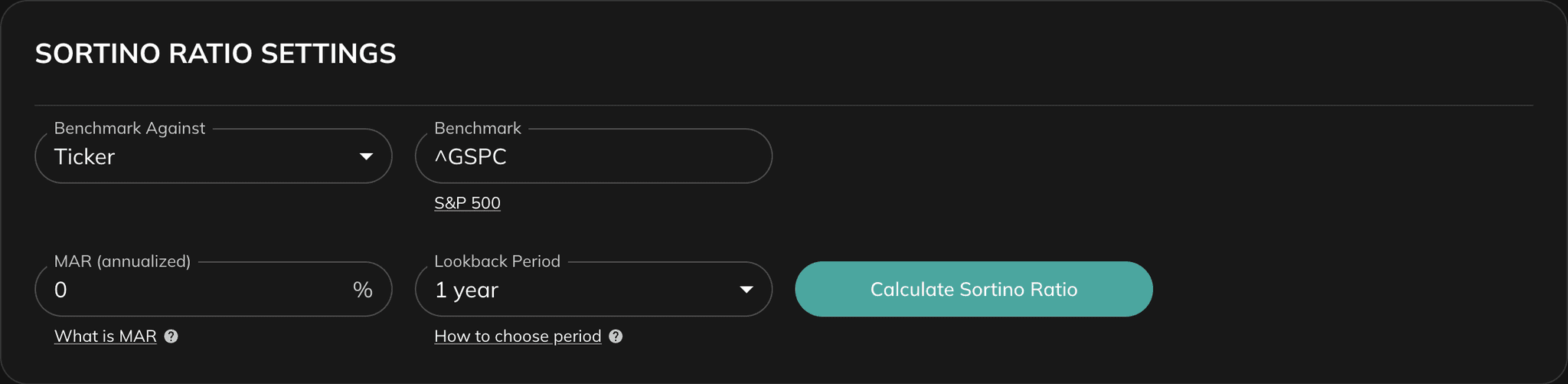 Sortino Ratio settings with benchmark, MAR, lookback, and calculate button
