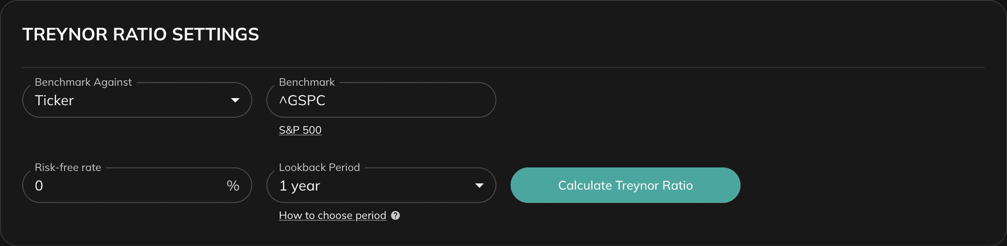 Treynor Ratio settings with benchmark, risk-free rate, lookback, and calculate button