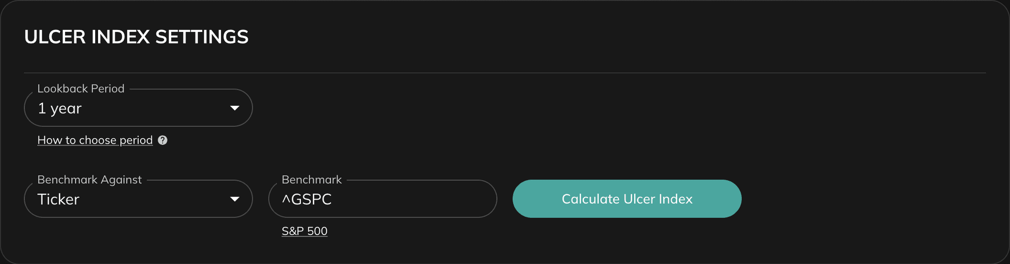 Ulcer Index settings with lookback period, benchmark, and calculate button