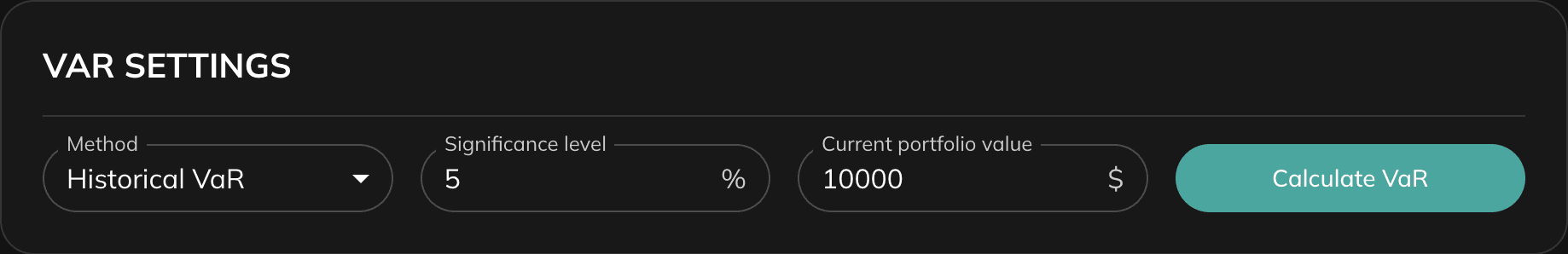 Value at Risk settings with method, significance level, current portfolio value, and calculate button